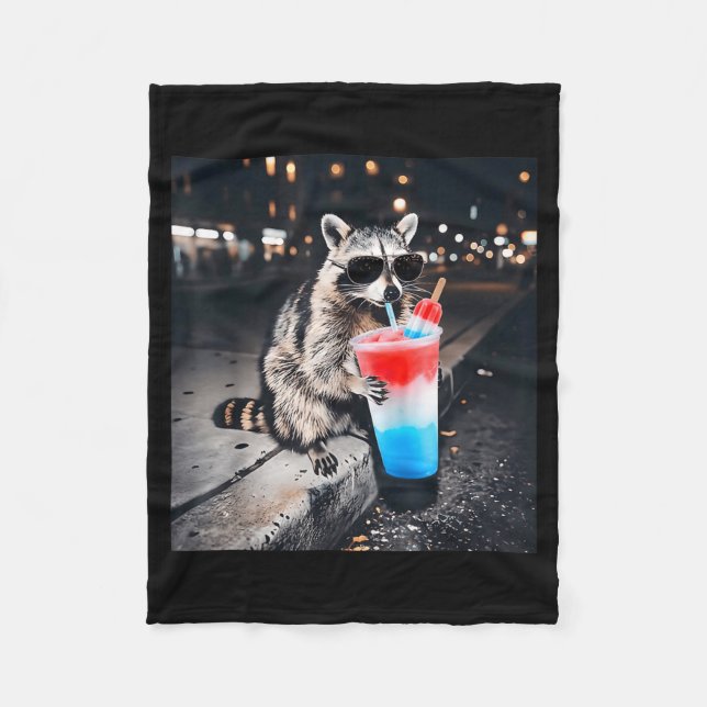 Retro 4th Of July Racoon Drinking Patriotic Fleece Blanket (Front)