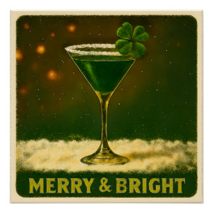 Retro 50s 4 Leaf Clover Irish Christmas Martini Poster
