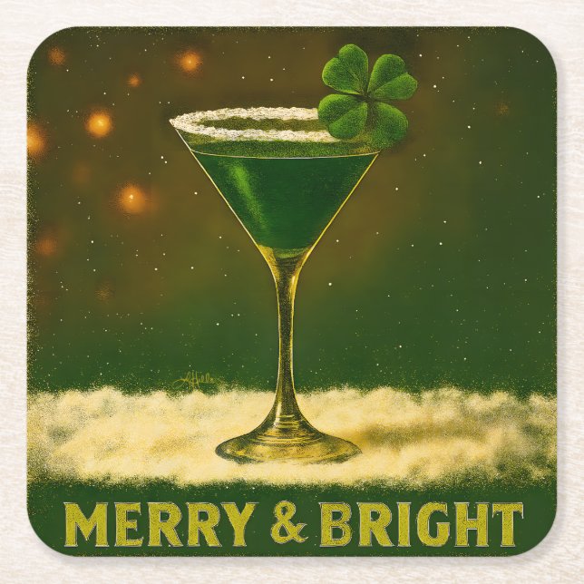 Retro 50s 4 Leaf Clover Irish Christmas Martini Square Paper Coaster (Front)