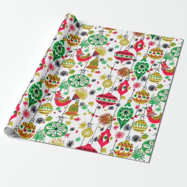 Retro 50s Christmas Ornament Design Wrapping Paper (Unrolled)