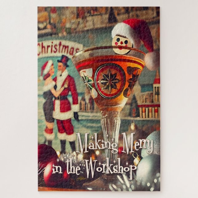 Retro 50s Cocktail Making Merry Christmas Workshop Jigsaw Puzzle (Vertical)