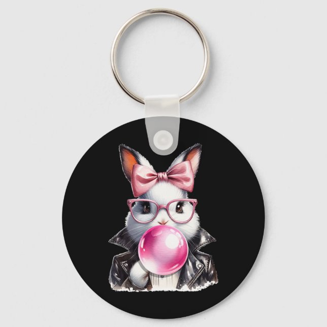 Retro 50's Cute Easter Bunny Blowing Bubble Gum 4  Key Ring (Front)
