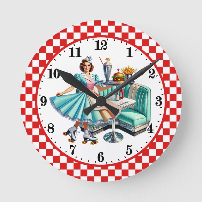 Retro 50's Diner Burger fries server Round Clock (Front)