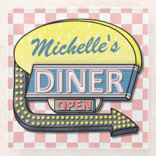 Retro 50s Diner Sign Create Your Own Custom Glass Coaster