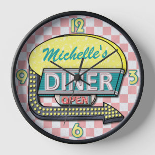 Retro 50's Diner Sign Pink Teal Personalised Name Clock