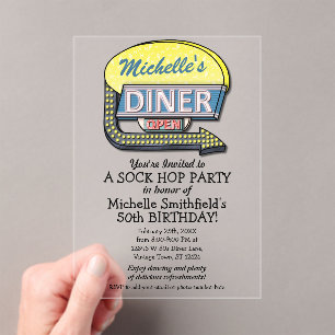 Retro 50s Diner Sock Hop Birthday Party Theme Acrylic Invitations
