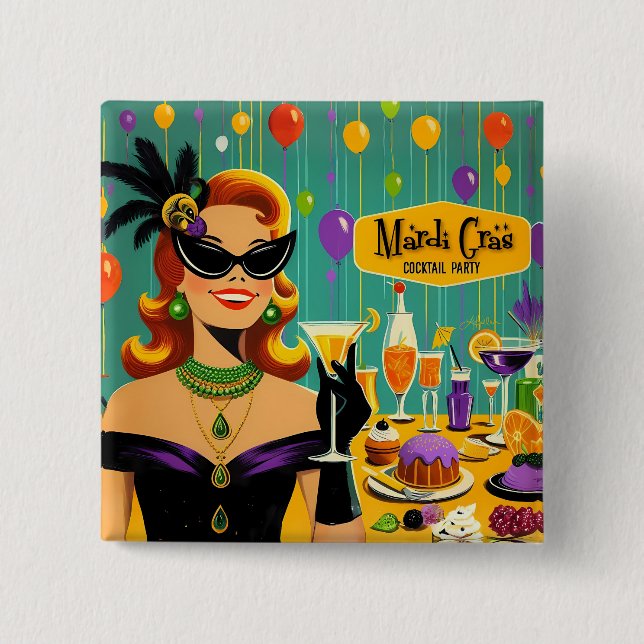 Retro 50s Mardi Gras Cocktail Party 15 Cm Square Badge (Front)
