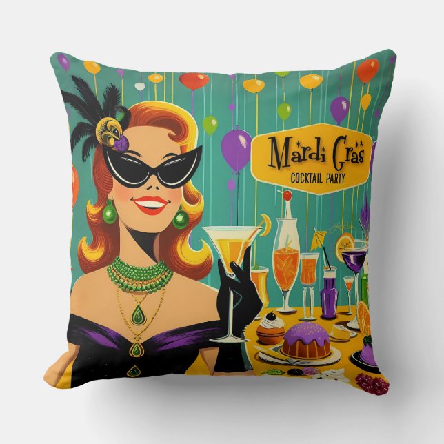 Retro 50s Mardi Gras Martini Cocktail Party Cushion (Front)