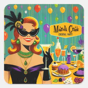 Retro 50s Mardi Gras Martini Cocktail Party Square Sticker