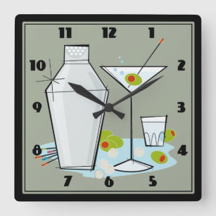Retro 50s Martini Cocktail Time Mid-Century (Grey) Square Wall Clock