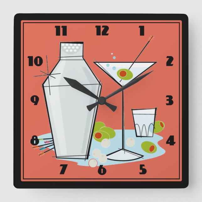 Retro 50s Martini Cocktail Time Mid-Century Salmon Square Wall Clock (Front)