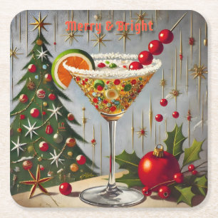 Retro 50s Merry Bright Christmas Candy Cocktail Square Paper Coaster