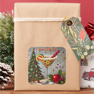 Retro 50s Merry Bright Christmas Candy Cocktail Square Sticker