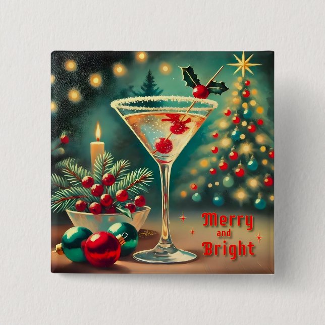 Retro 50s Merry Bright Christmas Cocktail Martini 15 Cm Square Badge (Front)