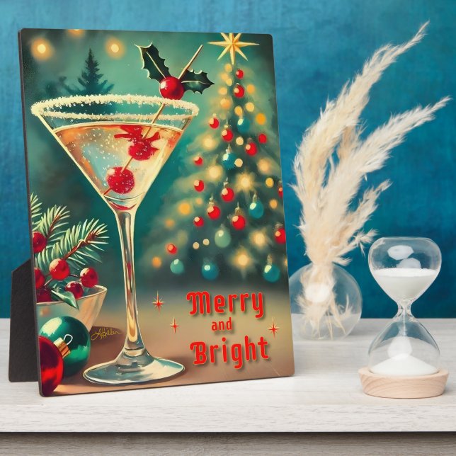 Retro 50s Merry Bright Christmas Cocktail Martini Plaque (Side)