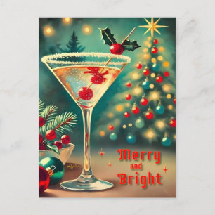 Retro 50s Merry Bright Christmas Cocktail Martini Postcard