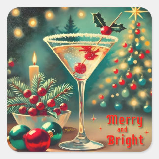 Retro 50s Merry Bright Christmas Cocktail Martini Square Sticker