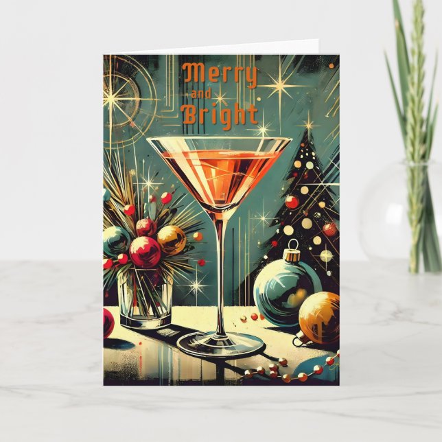 Retro 50s Merry & Bright Christmas Martini Card (Front)