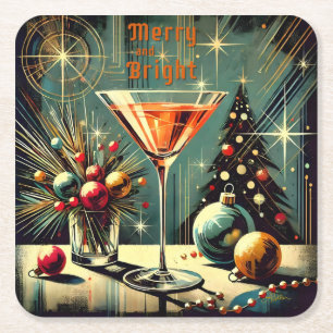 Retro 50s Merry & Bright Christmas Martini Square Paper Coaster