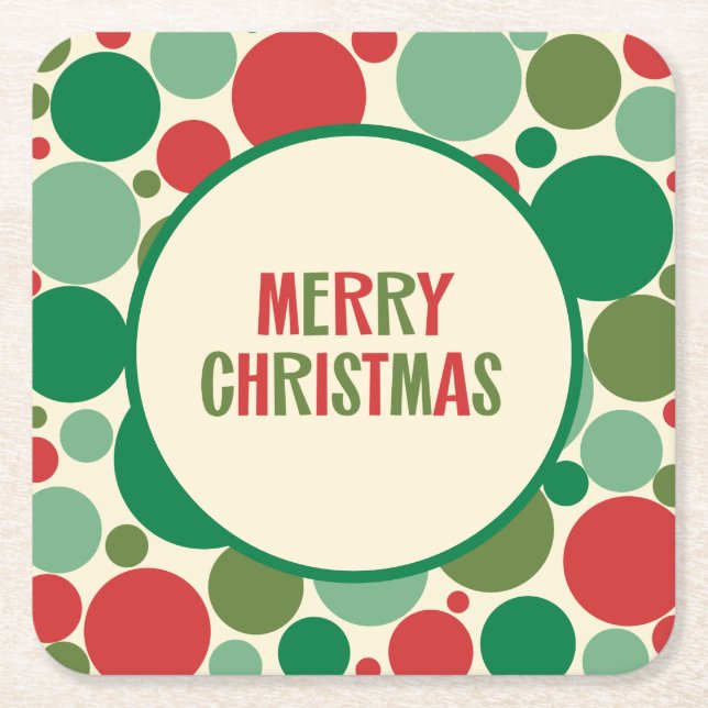 Retro 50s Mid Century Dotted Merry Christmas Square Paper Coaster (Front)