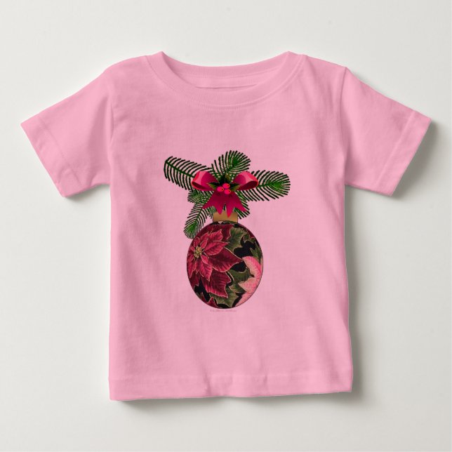 Retro 50s Poinsettia Burgundy Ornament Baby T-Shirt (Front)