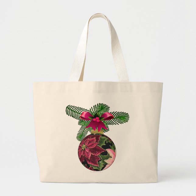 Retro 50s Poinsettia Burgundy Ornament Large Tote Bag (Front)