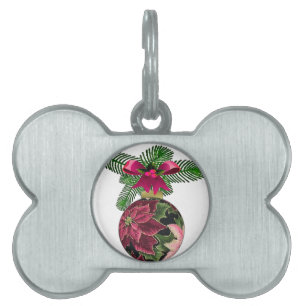 Retro 50s Poinsettia Burgundy Ornament Pet ID Tag
