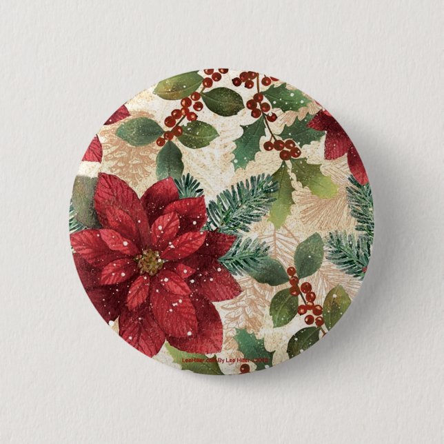 Retro 50s Poinsettia Red Green Cream 6 Cm Round Badge (Front)