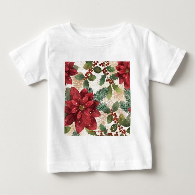 Retro 50s Poinsettia Red Green Cream Baby T-Shirt (Front)