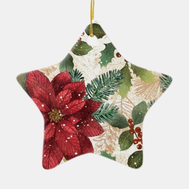 Retro 50s Poinsettia Red Green Cream Ceramic Tree Decoration (Front)