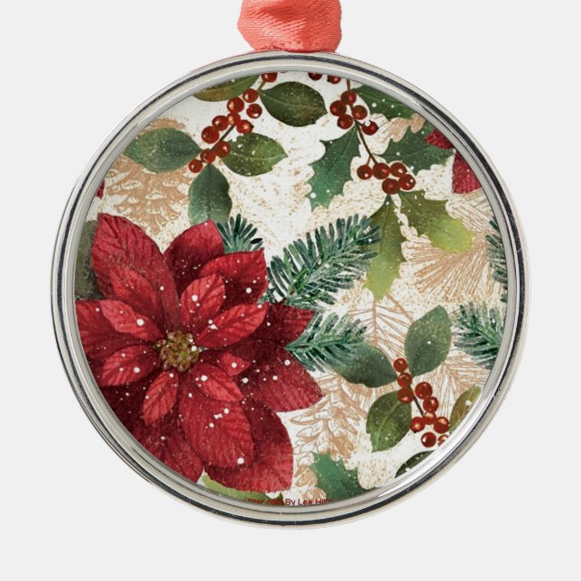 Retro 50s Poinsettia Red Green Cream Metal Tree Decoration (Front)