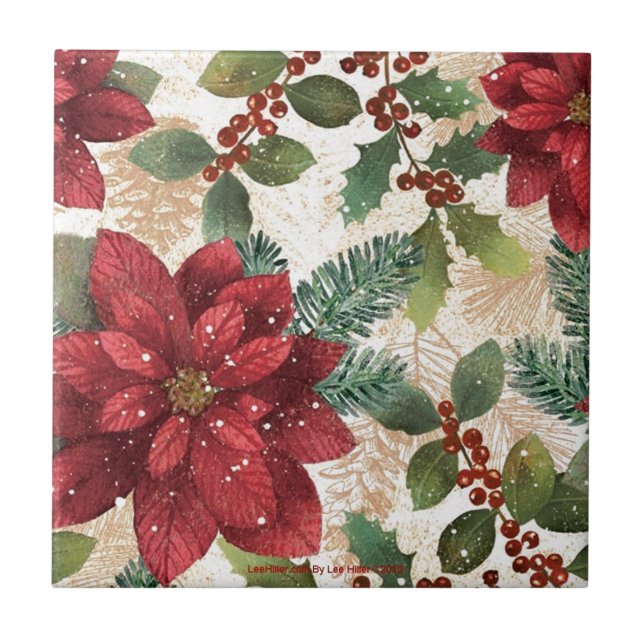 Retro 50s Poinsettia Red Green Cream Tile (Front)