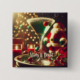 Retro 50s Santa Christmas Green Martini 15 Cm Square Badge