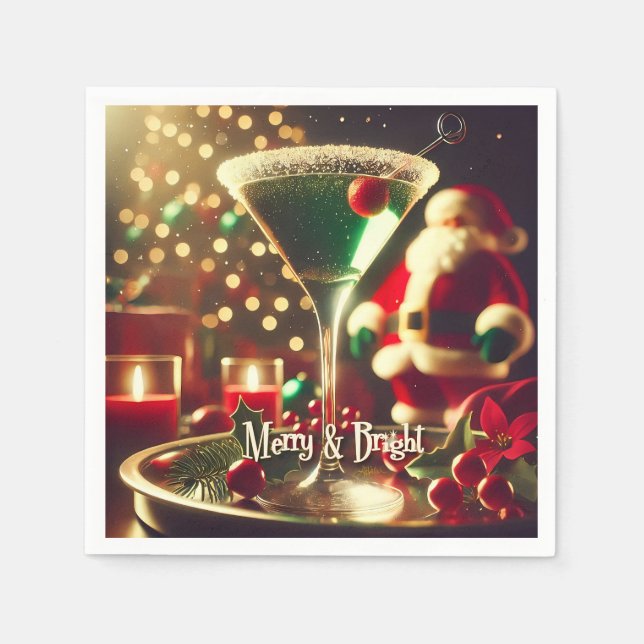 Retro 50s Santa Christmas Green Martini Napkin (Front)