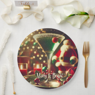 Retro 50s Santa Christmas Green Martini Paper Plate