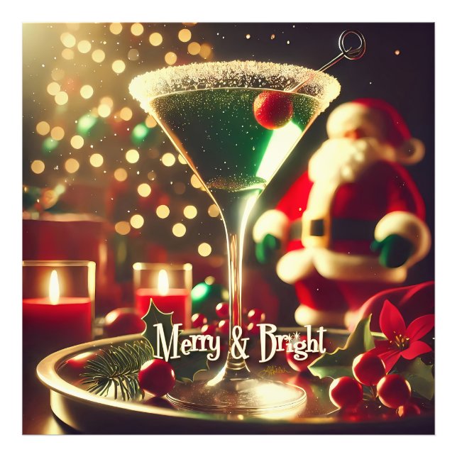Retro 50s Santa Christmas Green Martini Photo Print (Front)