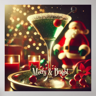 Retro 50s Santa Christmas Green Martini Poster