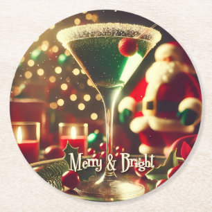 Retro 50s Santa Christmas Green Martini Round Paper Coaster