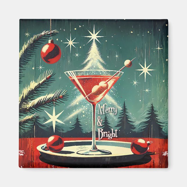 Retro 50s Snow Flurry Christmas Tree Martini Magnet (Front)