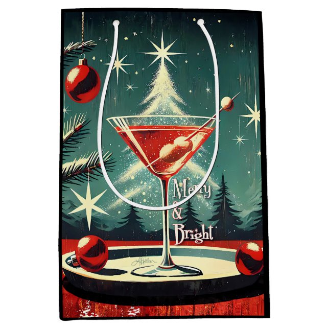 Retro 50s Snow Flurry Christmas Tree Martini Medium Gift Bag (Front)