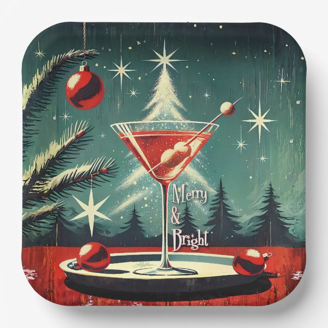 Retro 50s Snow Flurry Christmas Tree Martini Paper Plate (Front)