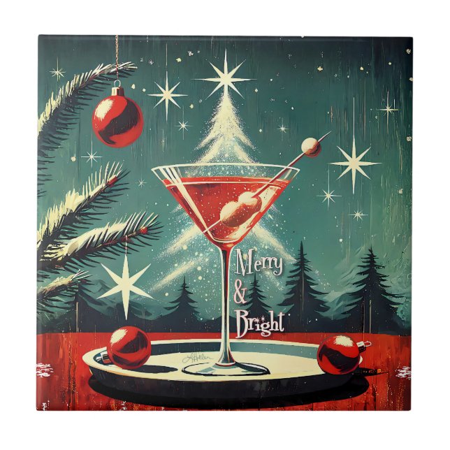 Retro 50s Snow Flurry Christmas Tree Martini Tile (Front)