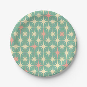 Retro 50s Star Pattern Teal Mint Pink Cream Paper Plate