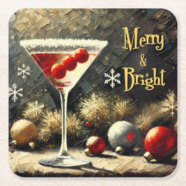 Retro 50s Triple Cranberry Christmas Martini Square Paper Coaster (Front)