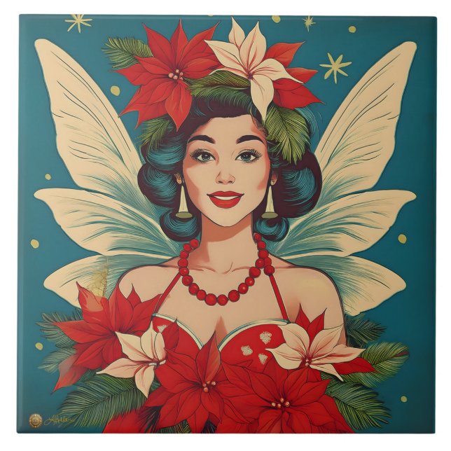 Retro 50s Tropical Christmas Pin-Up Beauty Queen Tile (Front)