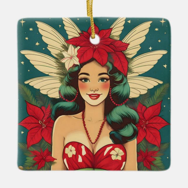 Retro 50s Tropical Christmas Pin-Up Girl Ceramic Ornament (Front)