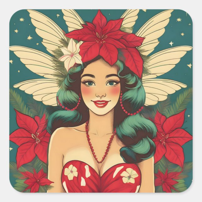 Retro 50s Tropical Christmas Pin-Up Girl Square Sticker (Front)