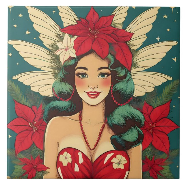 Retro 50s Tropical Christmas Pin-Up Girl Tile (Front)