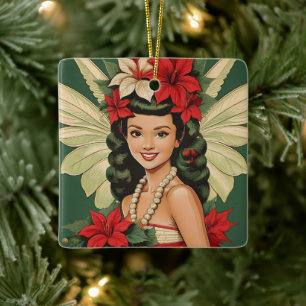 Retro 50s Tropical Christmas Princess Ceramic Ornament
