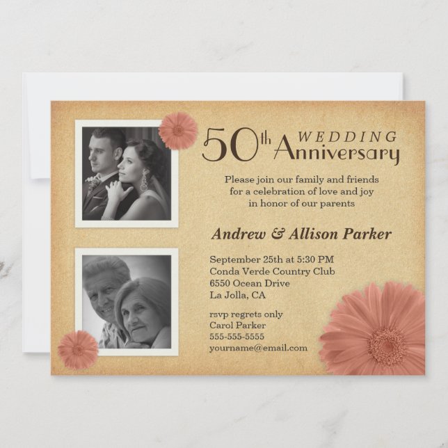 Retro 50th Anniversary Daisy Photo Invitations (Front)